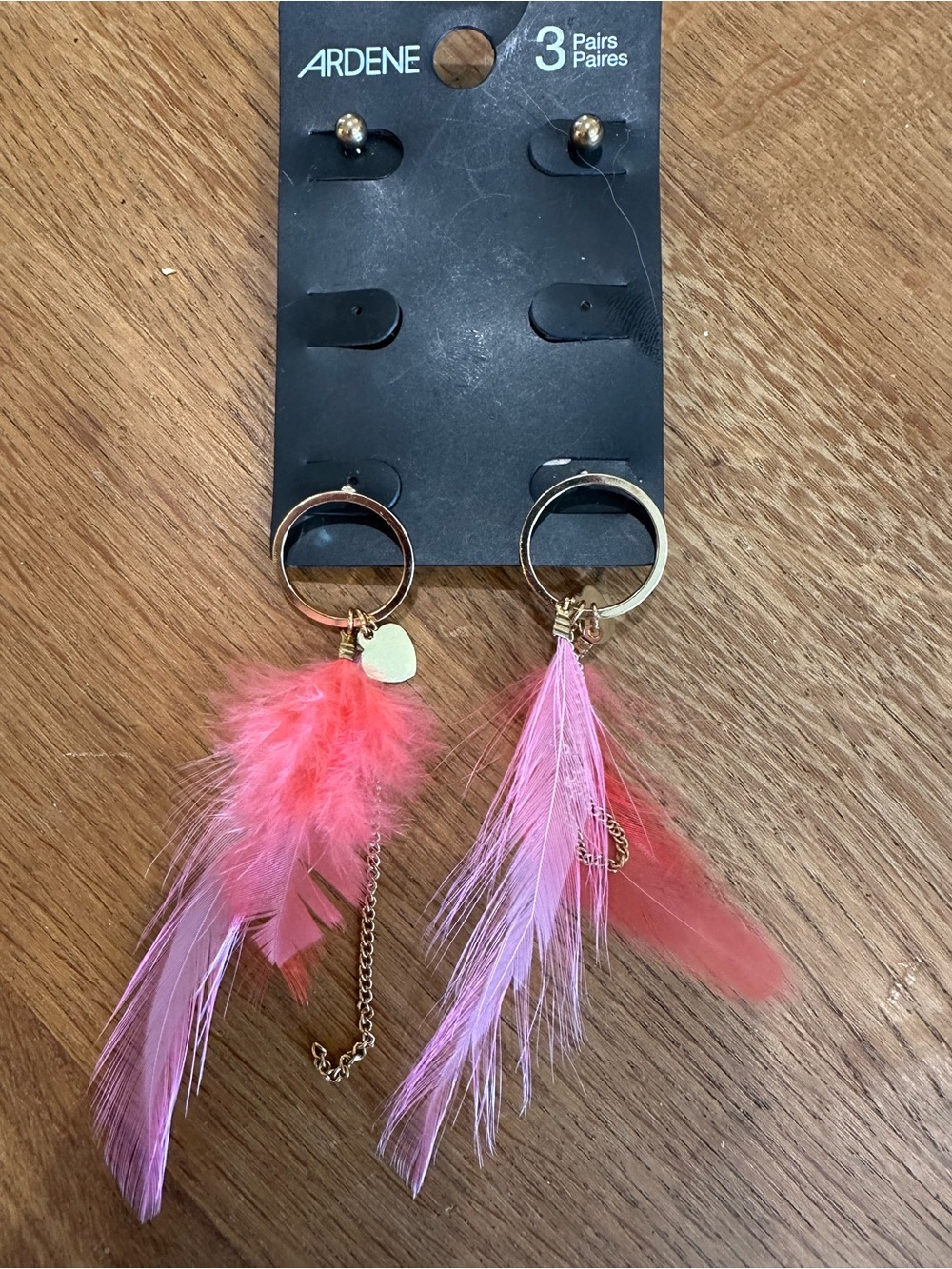 Ardene Gold Hoop Earrings with Pink & Coral Feathers